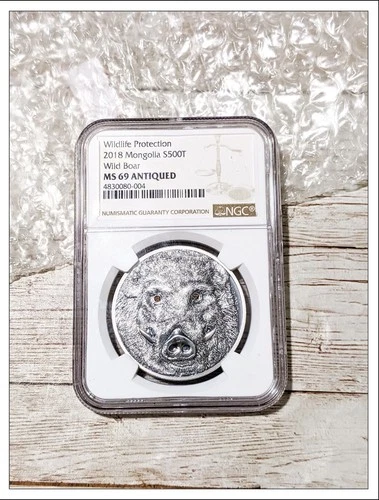 MONGOLIA 2018 500 TUG WILD BOAR 1 OZ .999 SILVER ANTIQUE FINISH NGC MS-69