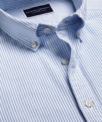 Charles Tyrwhitt Button-Down Stretch Washed Oxford Stripe Shirt   Ocean Blue