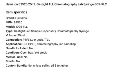 Hamilton Glass Lab Appliance. GC HPLC Chromatography Sample Injector. No Needle