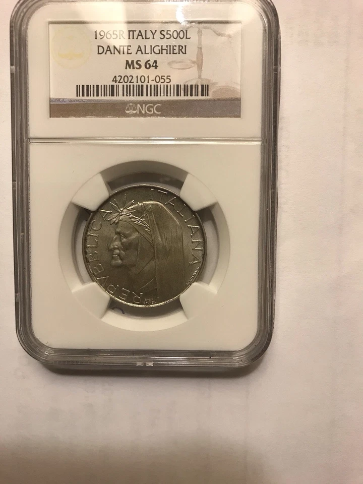 1965 ITALY SILVER 500 LIRE DANTE ALIGHIERI NGC MS 64 SCARCE BEAUTIFUL BU - Image 3 of 3