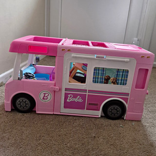 Barbie Pink Camper Van Vehicle Playset w/ Boat Stroller Table Plates