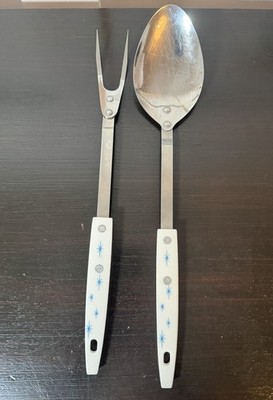 2 Vintage Atomic Blue Starburst Stainless Steel Meat Fork Serving Spoon MCM USA