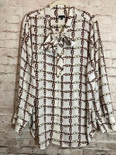 Blusa Talbots Top Mujer 3X Marfil y Marrón Caballo Ecuestre Cadena Cuello Atado Plus