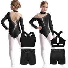 Kids Girls Dancewear Sparkly Rhinestones Outfit Workout Set Gymnastics Leotard