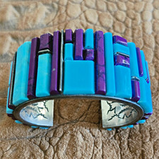 Substantial Vibrant Blue Turquoise And Sugilite Cuff Bracelet S.W. Cornrow Style