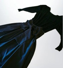 Elegant Vintage Black Long-Sleeve Evening Dress with Bow Waist. R K Originals.