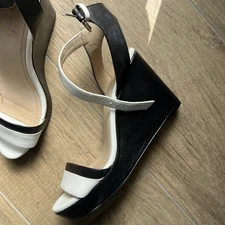TRENERY Black White Leather Platform Wedge Heel Ankle Strap Sandals Size 8AU