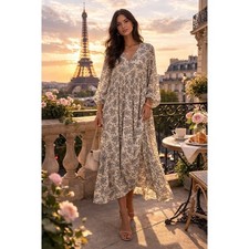 Uniqlo:C Relaxed Parisian Style Dress M Paisley Floral Pleated Midi Cream Blue