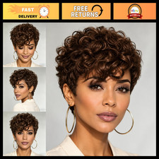 Short Curly Brown Pixie Cut Wig for Women - 100 Human Hair, No Lace Front
