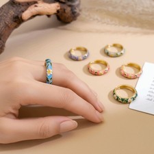 Engraved Colorful Enamel Flower Rings Classic Gold Plated Ring Romantic