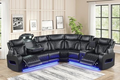 OVERSIZED LED Power Recliner & Adj Headrest Sectional Black w/ Bluetooth Speaker
