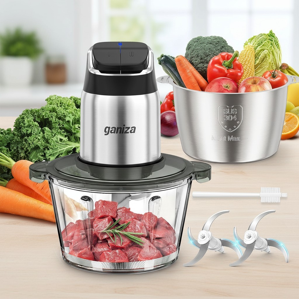 2-Speed Food Processor with 8 Cup Stainless Steel & Glass Bo