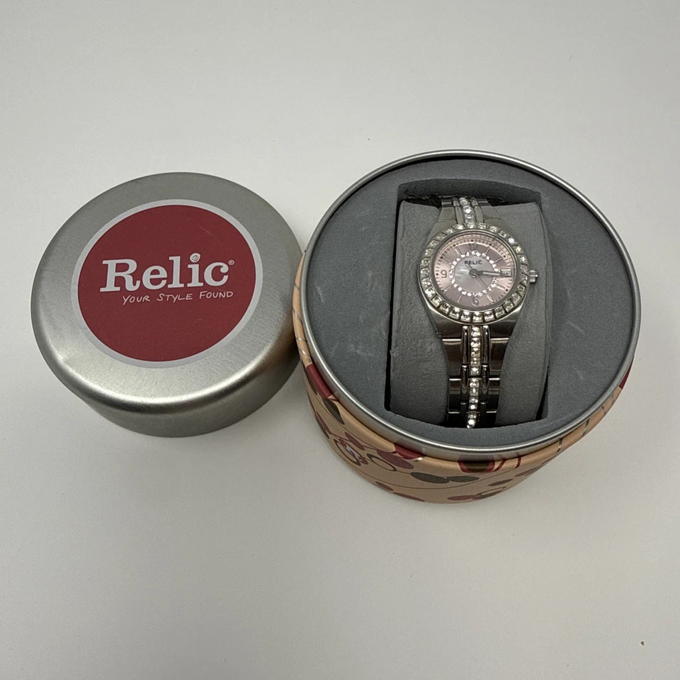 Reloj Relic Mujer Cristal Plateado Esfera Rosa Fecha Cuarzo - Batería Nueva, Funciona Foto 2 de 4
