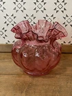 Vintage Cranberry Red Fenton Art Glass Ruffled Melon Vase Diamond Optic 5.5”Diam