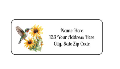 30 Hummingbird Sunflower PERSONALIZED RETURN ADDRESS LABELS 1 in X 2 5/8 GLOSSY
