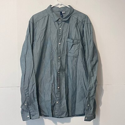 Hm Divided Mens Shirt Size XL Green Pinstriped Woven Long Sleeve Button Up