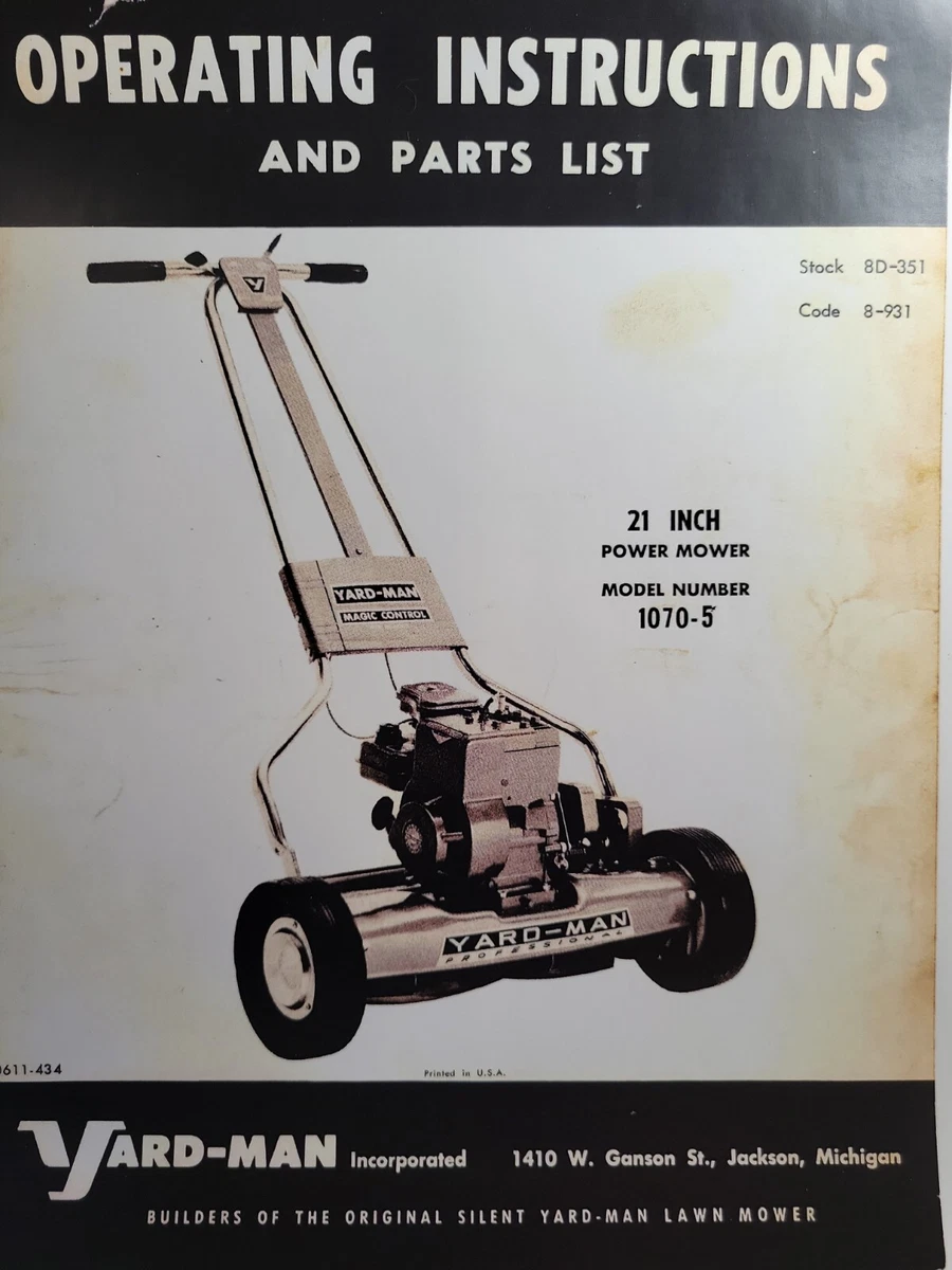 Yard-Man 1070-5 Reel 3.5hp Power Walk Behind 21 Lawn Mower Owner & Parts  Manual