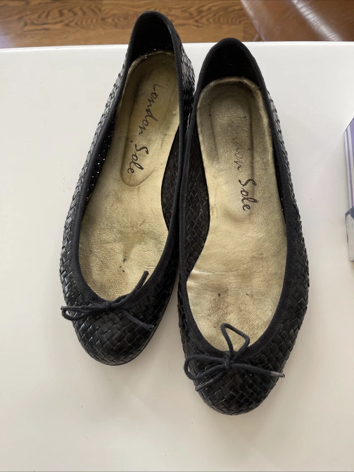 Zapatos planos de ballet London Sole 38 1/2 tejidos negros de cuero Henrietta Foto 2 de 4