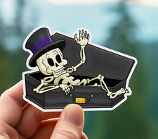 NEW- Halloween Skeleton Coffin Sticker - Spooky Waving Decal Vinyl - 3.5" x 2.5"