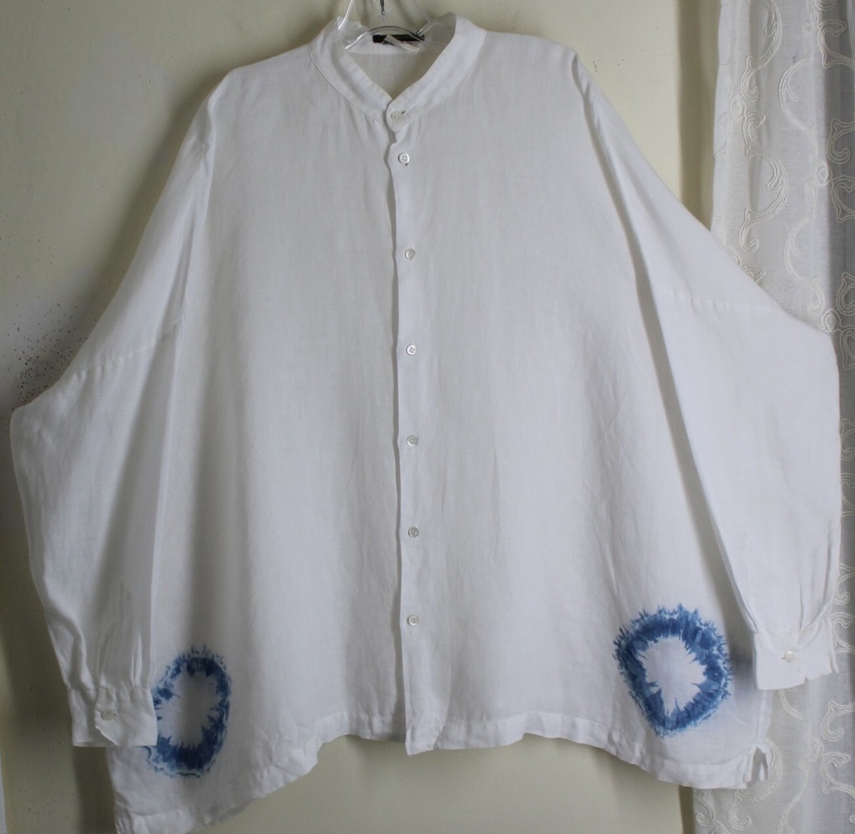 Eskandar O/S 1 SO COOL White Denim SHIBORI ROUNDEL Linen Gauze Tunic Top View 6
