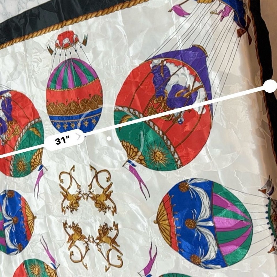 Vintage Womens 90s Hot Air Balloon Cherubs Scarf 34" Square Large black