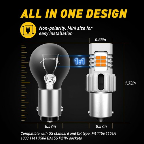 2X No Hyper Flash 1156 BA15S P21W 7506 LED Turn Signal Light Bulbs Amber Yellow - Picture 7 of 10