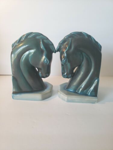 Vintage Keramik Pferd Paar Buchstützen bläulich/grün - Bild 1 von 5