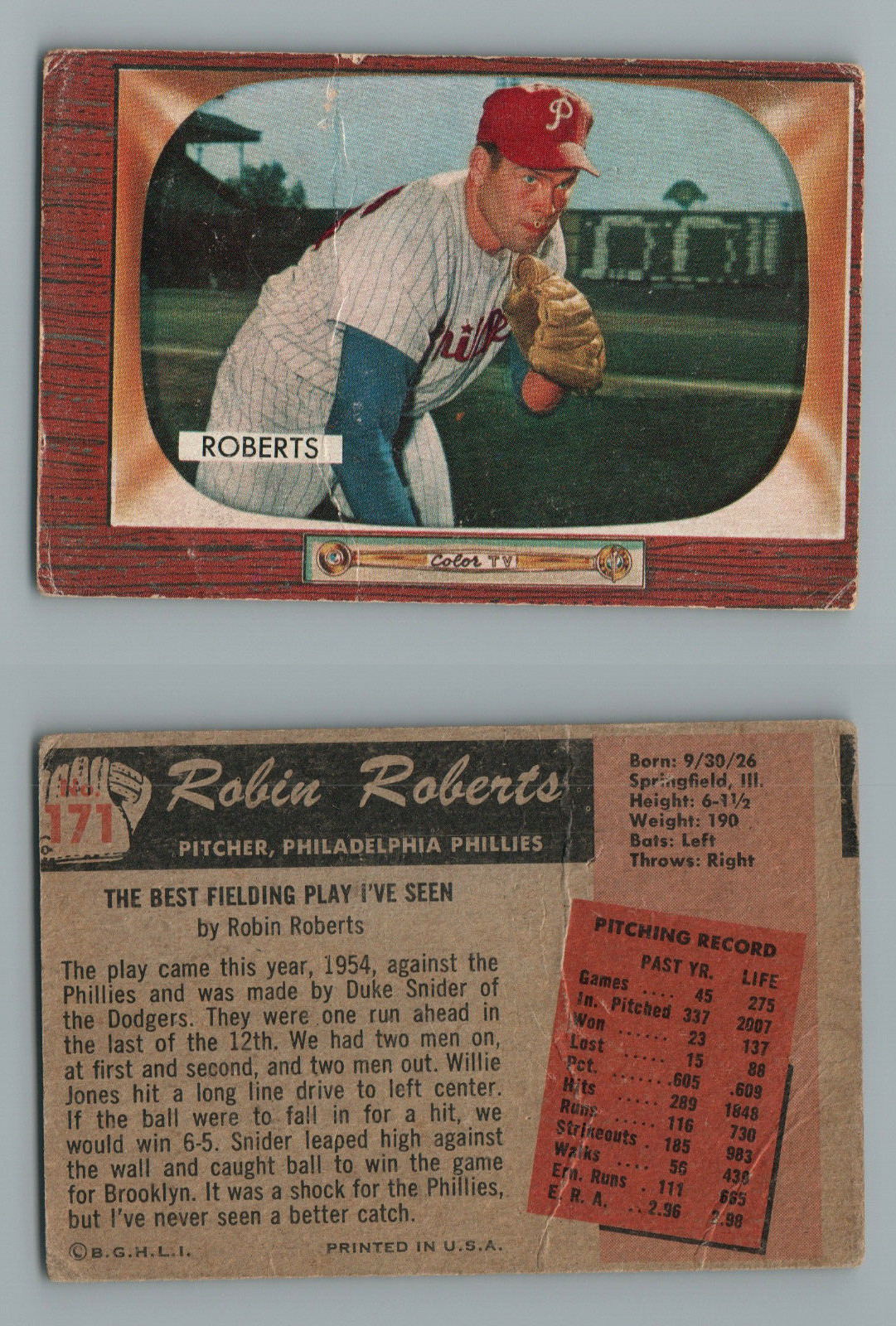 1955 Bowman # 171 Robin Roberts Philadelphia Phillies (Hall of Famer )  (VG/CR)