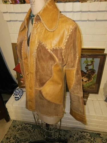 70's Hand~Made Leather Patchwork Rockn' Roll Jacket Vintage Hippie Boho 36"- 38" image 2