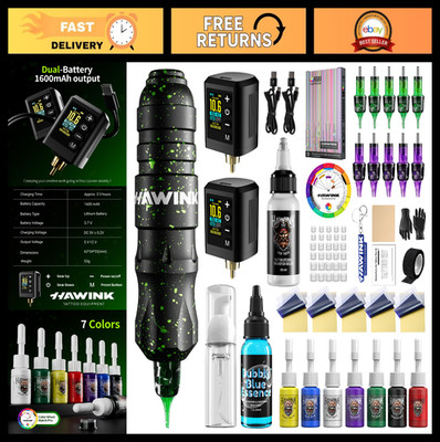 Tattoo Kit with LCD Power Supply, 2 Battery Packs, 7 Inks & Practice Skin