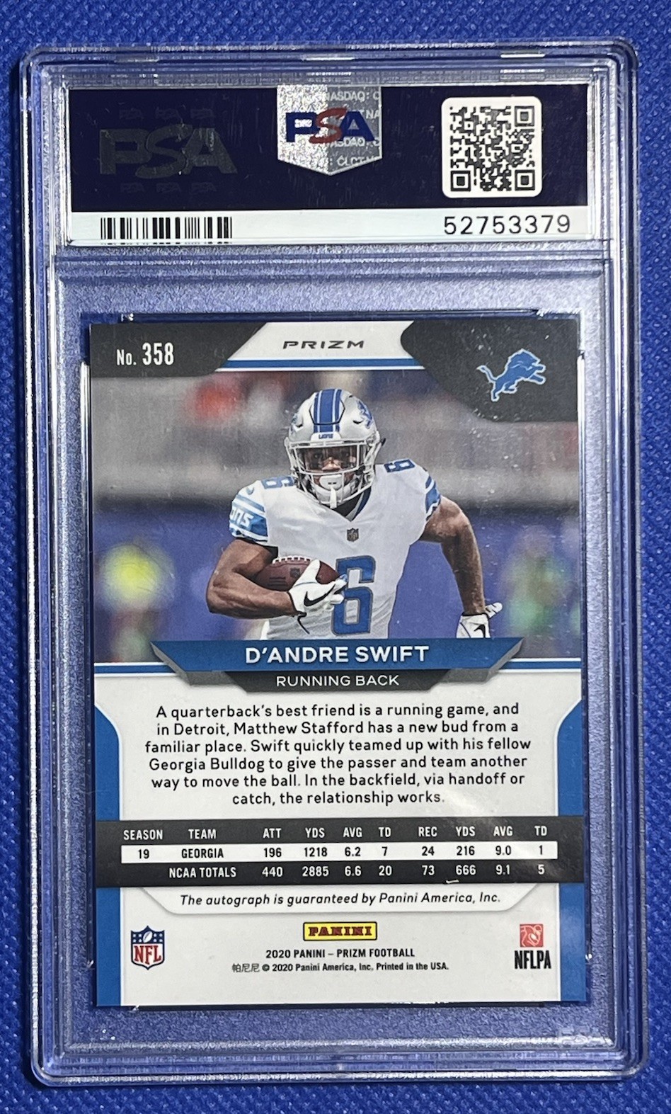 2020 Prizm D'Andre Swift Auto Silver RC #358 PSA 10 GEM MINT Cert #52753379 view 2