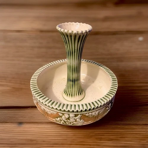 Atq Roseville Pottery Donatello Fern Dish With Attached Bud Vase Cherubs 1916