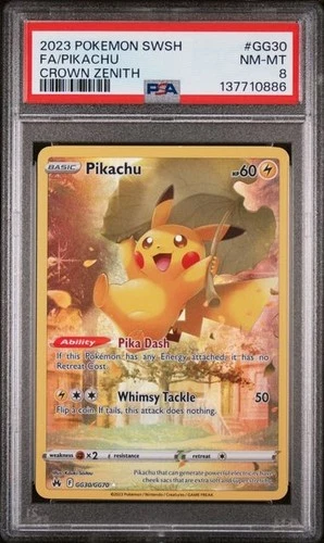 2023 POKEMON SWORD & SHIELD CROWN ZENITH #GG30 FULL ART/PIKACHU PSA 8