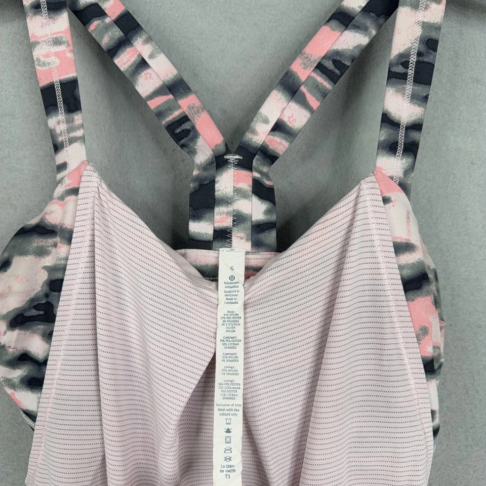 Camiseta sin mangas Lululemon para mujer 6 rosas con tiras camufladas sujetador incorporado dobladillo con cordón yoga Foto 4 de 4