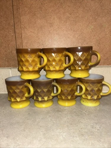Vintage Anchor Hocking Fire King Brown Yellow Kimberly #34 Diamond Mug Set Of 7