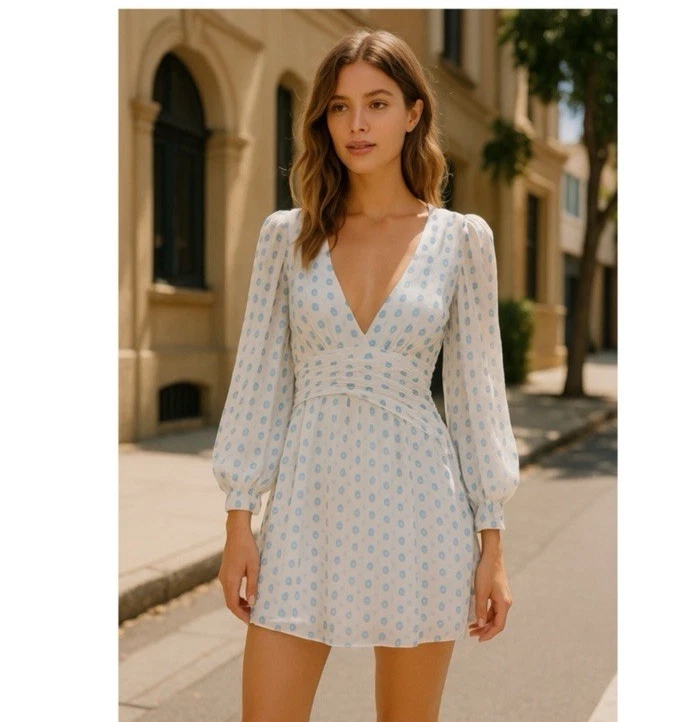 Mini Vestido For Love & Lemons Blanco Azul Lunares Manga Larga Espalda Abierta Seda M Foto 3 de 4