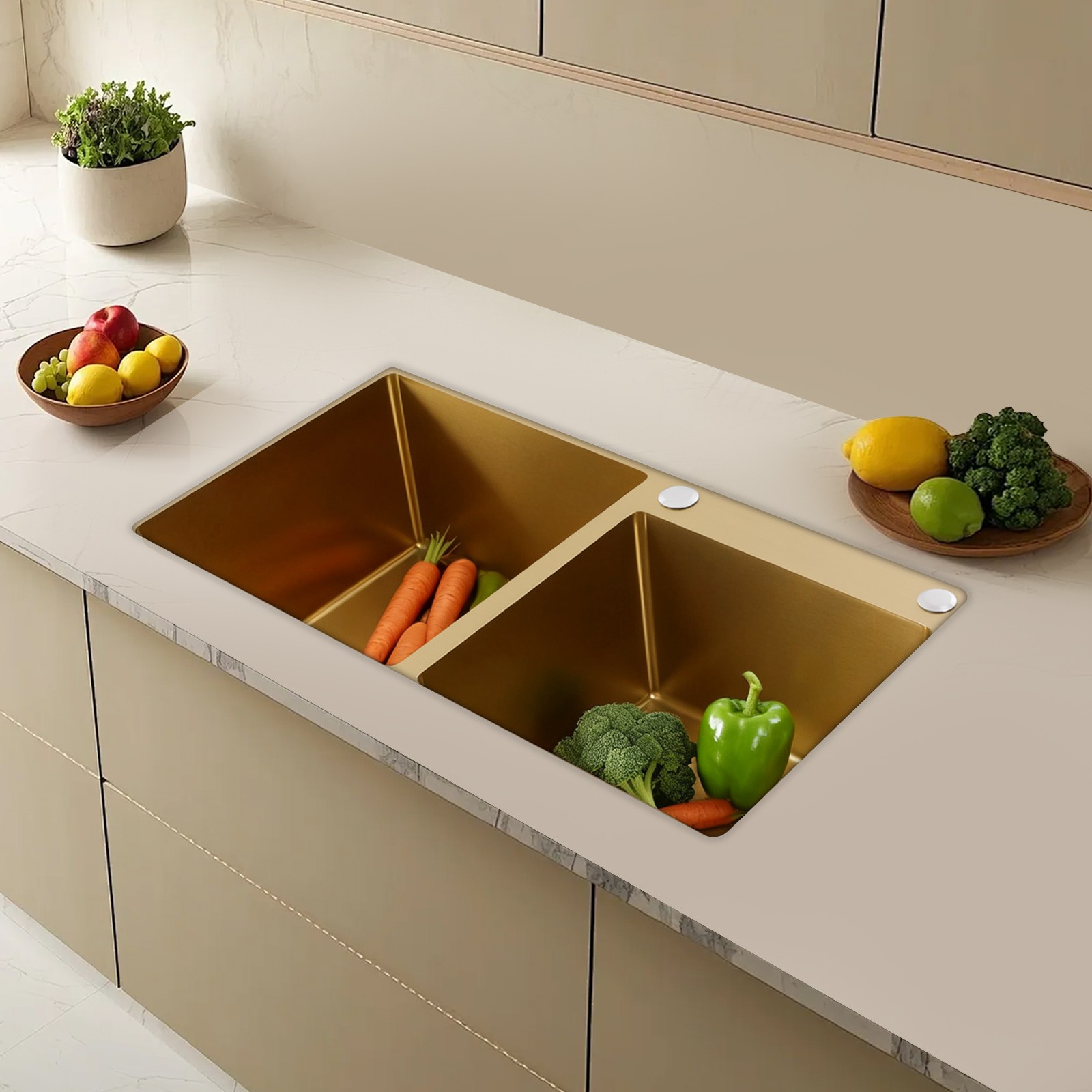 Undermount Double-Bowl Kitchen Sink, Multifunctional Stainless Steel Sink, Gold