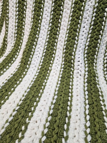 Vintage Crochet Afghan Hairpin Lace Throw Blanket 55x41 Green & White Stripe
