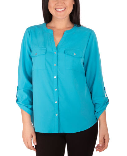 NY Collection Women's Petite Roll-Sleeve Blouse (Petite Small, Blue)