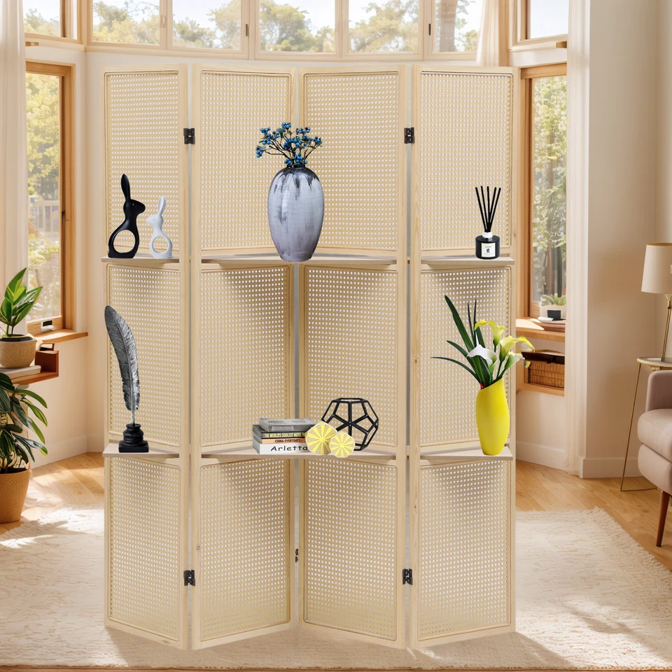 Divisor de habitación de ratán con estantes plegables 4 paneles pantalla de madera mimbre pared de privacidad Foto 2 de 4