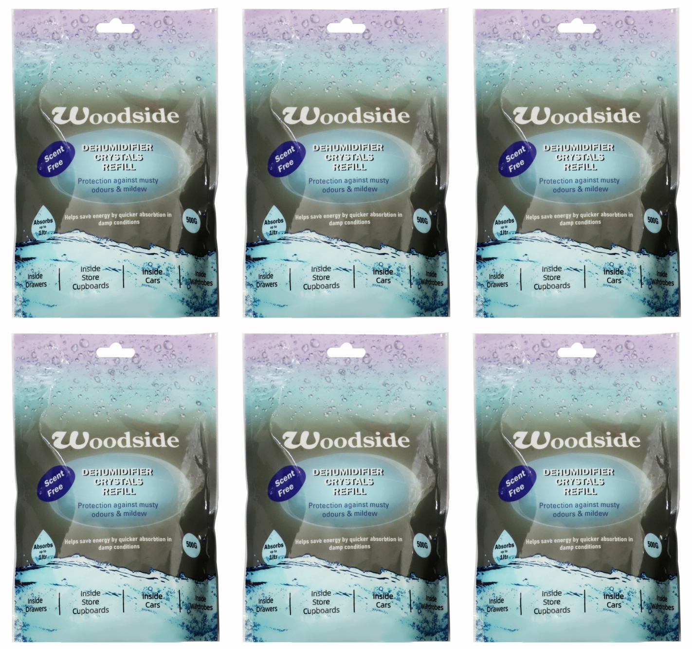 6x Woodside Dehumidifier Refill Crystals Moisture Damp Mildew Condensation 500g