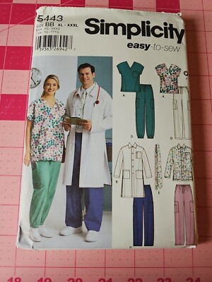 Simplicity Pattern 5443 Scrubs Top Pants Lab Coat Necktie Unisex XL XXL XXXL FF