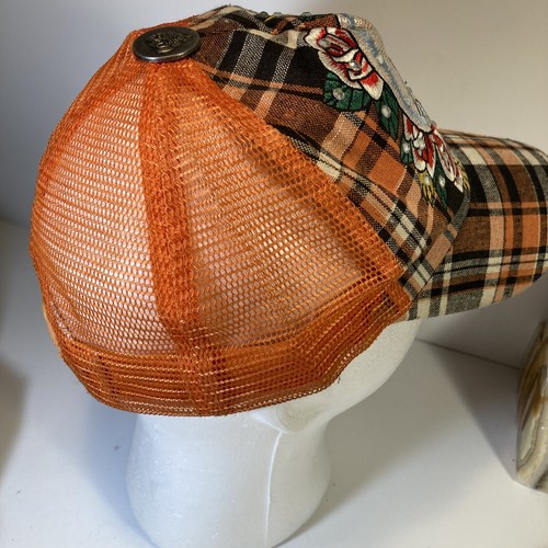 Cappello arancione a scacchi teschio e rose regolabile senza etichetta produttore - Foto 6 di 8