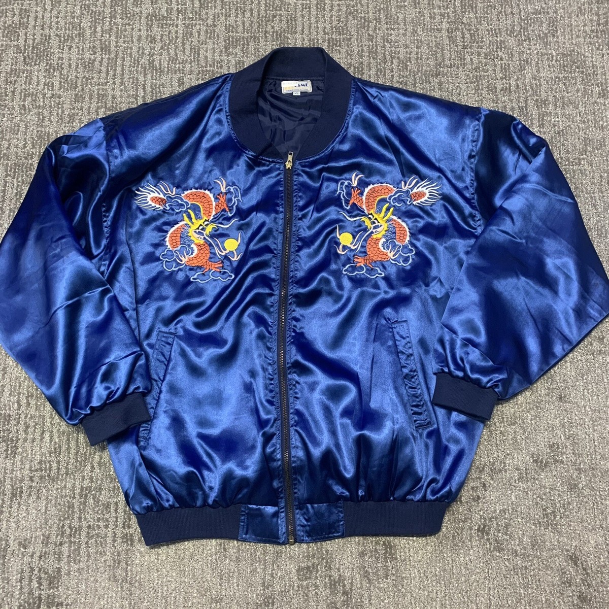 Vtg 70s 80s 100% Silk Mens Bomber Jacket XL Dragon