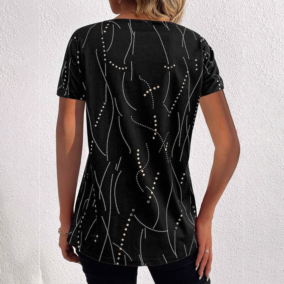 Women Print Short Sleeve Tunic Tops Summer V-Neck Casual Loose Blouse T ...