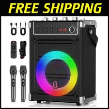 Portable Karaoke Machine with 2 Wireless Mics & LED Lights