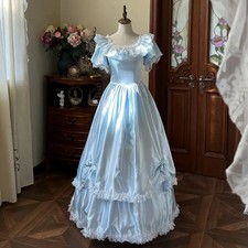 Vintage Princess Blue Satin Ruffles White Flower Lace O Neck Short Sleeve