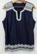 Talbots 12p Top Women's Sleeveless Embroidered Cotton Navy Blue BOHO Bohemian