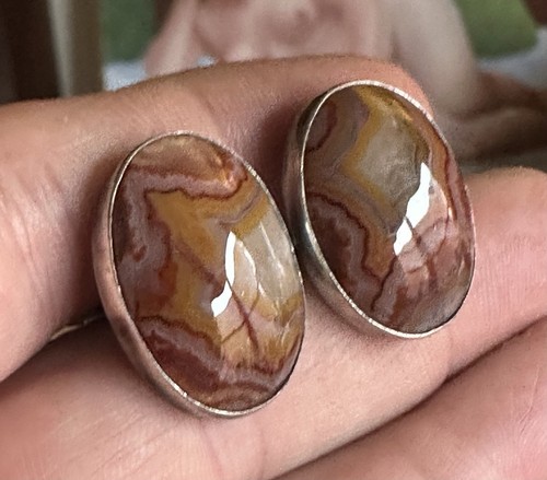 CARLOS DIAZ Signed Sterling Agate Modernist Tiebar Cufflinks 1970s - Picture 2 of 10