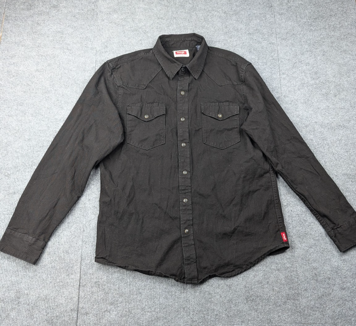 Wrangler Denim Pearl Snap Shirt Mens Large Black Western Yoke Rodeo Work Wear